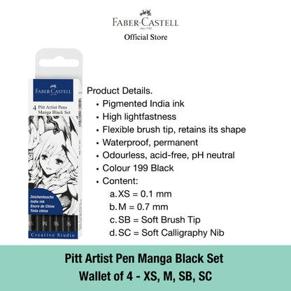 Pitt Artist Pen India Ink Pen, Mange Set, Wallet of 4